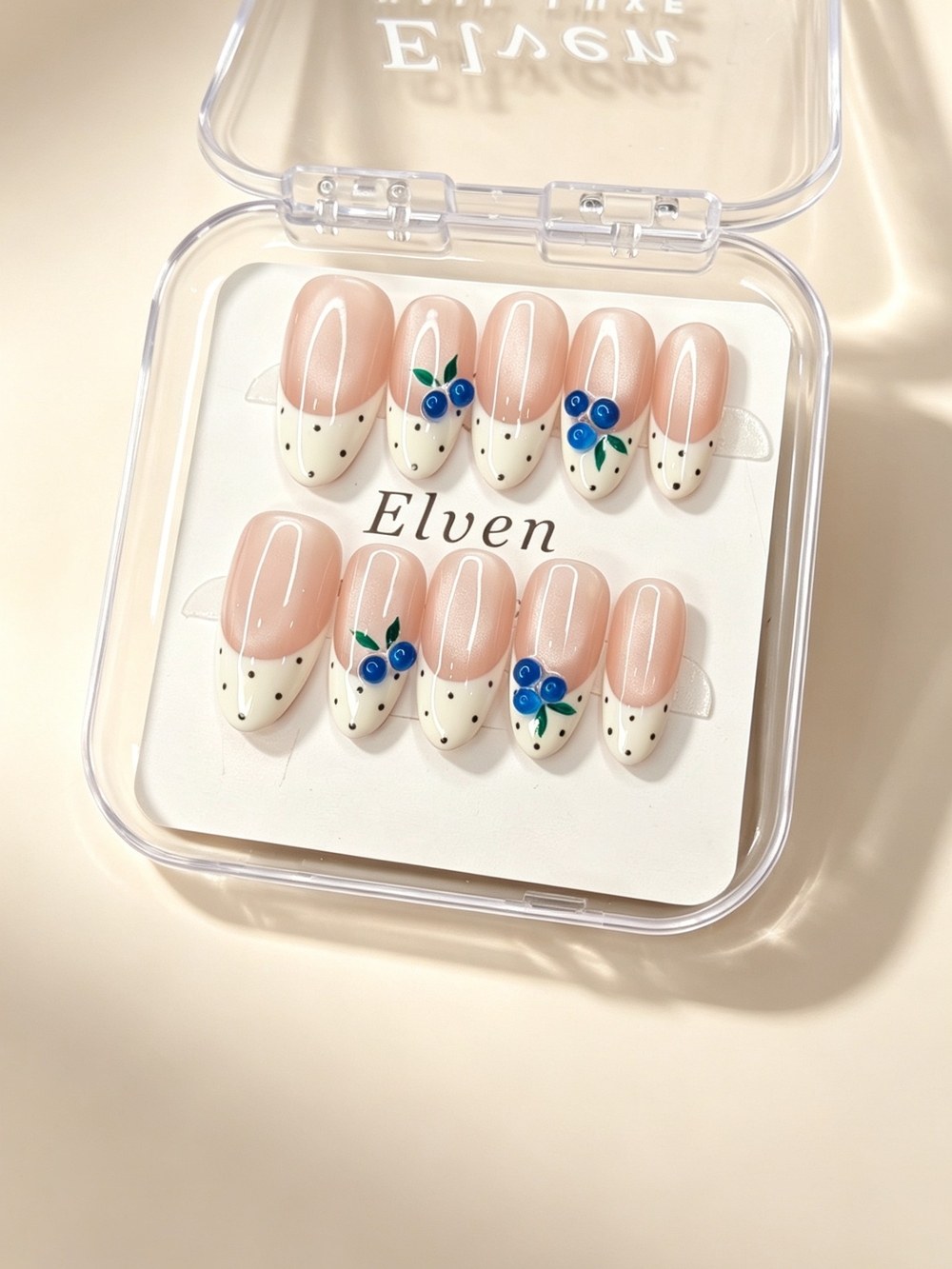 Pink Cat Eye White French Tip Almond Press On Nails 3D Blueberries & Polka Dots